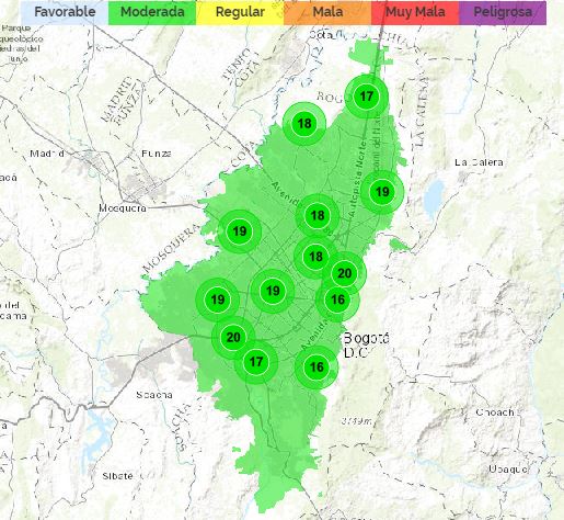 Mapa de Bogotá reporte de las estaciones calidad del aire.
