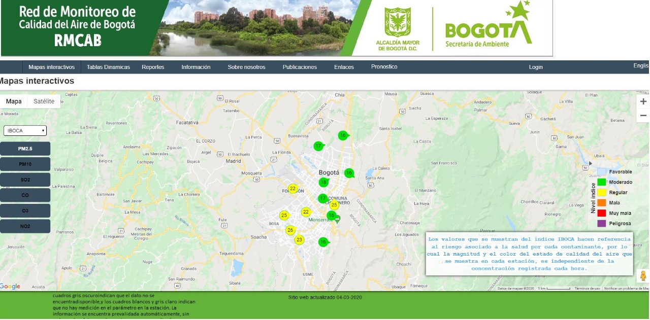 Mapa de Bogotá reporte calidad del aire 17 marzo 