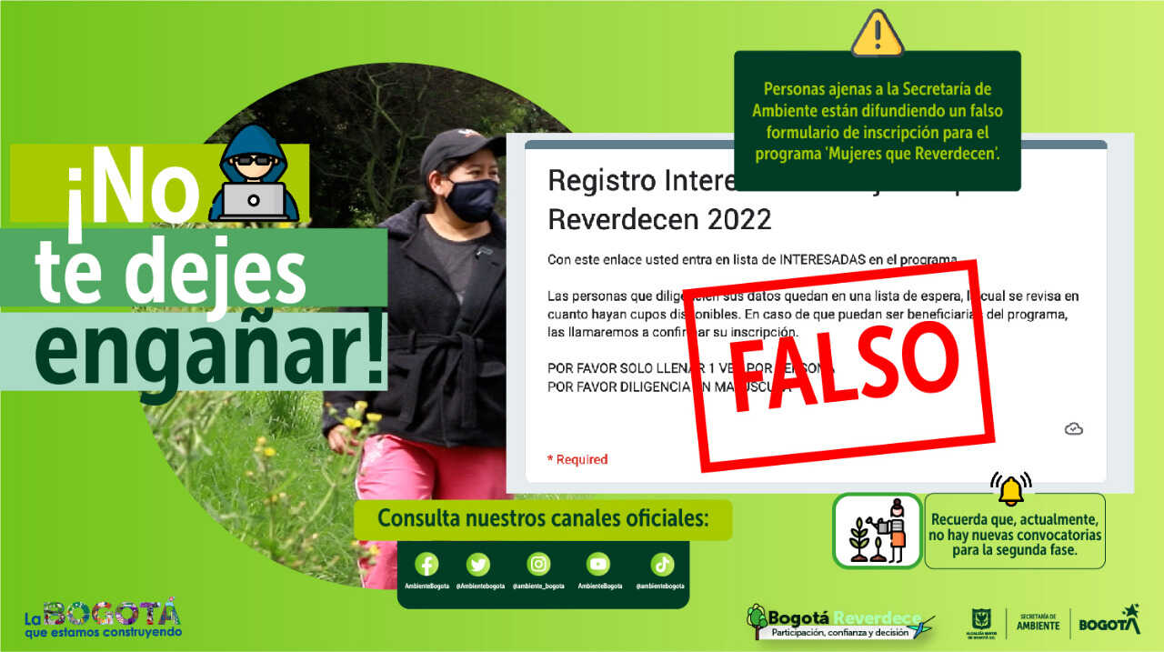 Cuidado con el fraude: Secretaría de Ambiente advierte sobre falso formulario de inscripción al programa 'Mujeres que Reverdecen'